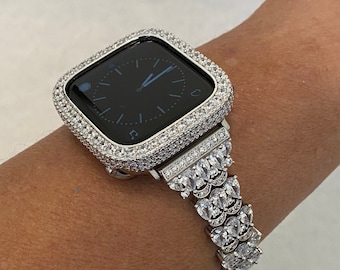 Apple Watch Band Silver Swarovski Crystals 38mm-49mm Ultra & or Apple Watch Cover Lab Diamond Bezel Smartwatch Bumper Bling Iphone Watch