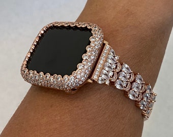 Series 1-9  Crystal Apple Watch Band Rose Gold & or Lab Diamond Bezel Cover 41mm 45mm 49mm Ultra Apple Watch Case Iwatch Candy