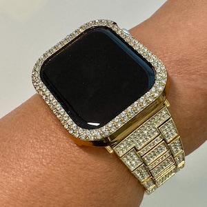 Series 10 Apple Watch Band Gold Stainless Steel Swarovski Crystal & or Apple Watch Case Rhinestone Protective Apple Watch Face Iwatch Cover