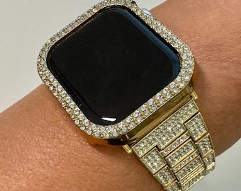 Series 10 Apple Watch Band Gold Stainless Steel Swarovski Crystal & or Apple Watch Case Rhinestone Protective Apple Watch Face Iwatch Cover