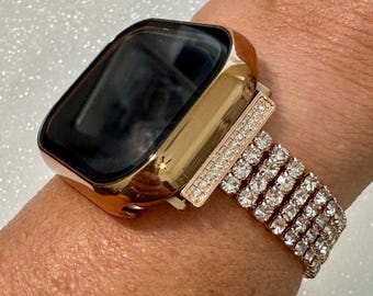 Series 10 Apple Watch Band Women Rose Gold Swarovski Crystals & or Apple Watch Cover 42mm 46mm Protective Screen Tempered Glass Iphone Watch