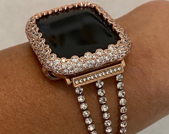 Series 8 41mm 45mm 49mm Ultra Apple Watch Band Women Rose Gold & or Lab Diamond Bezel Case Cover Smartwatch Bumper Bling Series 1-8