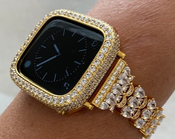 Gold Apple Watch Band Swarovski Crystals Series 1-8 & or Apple Watch Cover Lab Diamond Bezel Case Smartwatch Bumper Bling 38mm-49mm Ultra