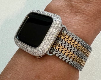 Stainless Steel Milanese Apple Watch Band, Yellow Gold -Silver Two Tone Iphone Iwatch Band & Apple Watch Case Lab Diamond Bezel Iwatch Candy