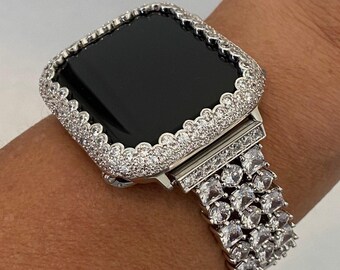 Womens Silver Apple Watch Band Swarovski Crystal 38mm-49mm Ultra & or Apple Watch Cover Lab Diamond Iwatch Case Bling Series 10
