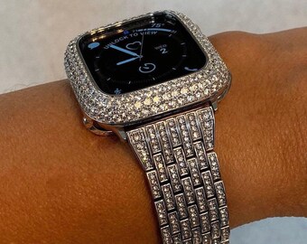 Dressy Silver Apple Watch Band Woman Stainless Steel & or Apple Watch Cover Lab Diamond Bezel Bling 38mm-49mm Ultra Iwatch Case Protector