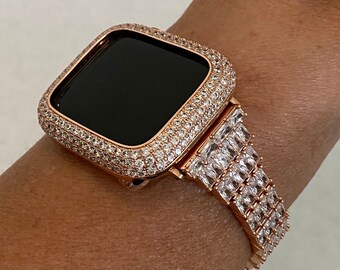 Designer Apple Watch Band 41mm 45mm 49mm Rose Gold Swarovski Crystal & or Apple Watch Case Lab Diamond Bezel Cover Smartwatch Bumper 38-44mm