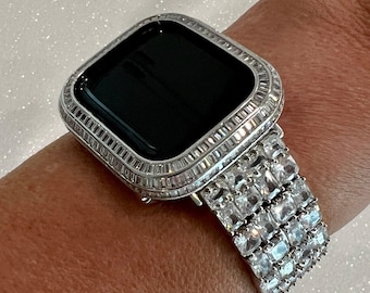 Statement Apple Watch Band Woman 40 41 44 45mm Baguette Swarovski Crystals Silver & or Apple Watch Cover Lab Diamond Bezel Apple Watch Case