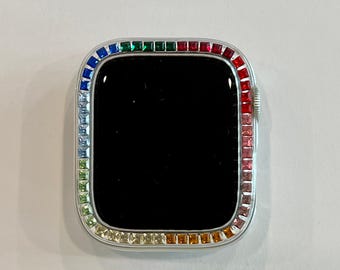 Rainbow Apple Watch Case Cover 38mm 40mm 41mm 42mm 44mm 45mm Swarovski Crystals Smartwatch Bumper Bling Series 2-9 SE Iphone Watch