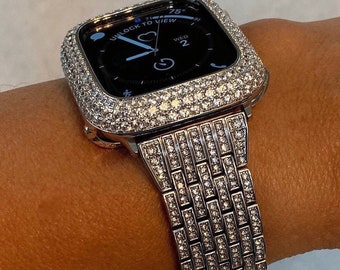 Apple Watch Band 41mm 45mm 49mm Ultra Silver Swarovski Crystals & or Apple Watch Cover Lab Diamond Bezel Bling 38mm-49mm Series 10