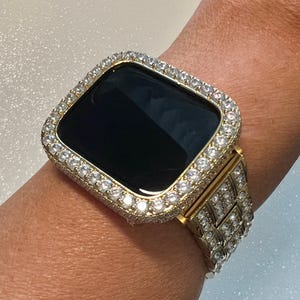 Designer Mens Apple Watch Band Women Gold Stainless Steel Swarovski Crystals & or Apple Watch Cover Lab Diamond Bezel Iwatch Bling 38mm-45mm