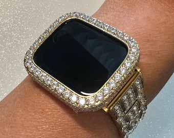 Designer Mens Apple Watch Band Women Gold Stainless Steel Swarovski Crystals & or Apple Watch Cover Lab Diamond Bezel Iwatch Bling 38mm-45mm