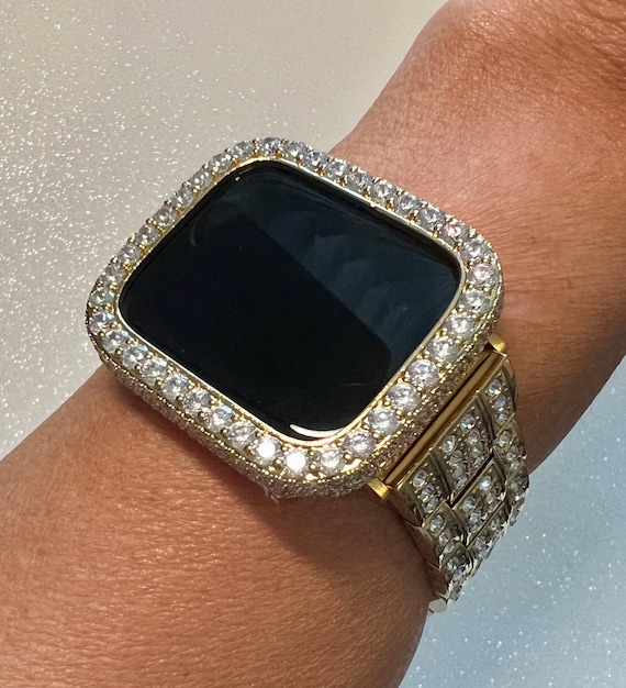 Designer Mens Apple Watch Band Women Gold Stainless Steel Swarovski  Crystals or Apple Watch Cover Lab Diamond Bezel Iwatch Bling 38mm-45mm