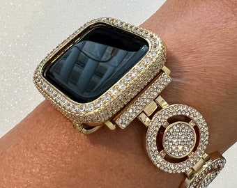 Womens Apple Watch Band Gold Pave  Crystal 38-49mm & or Apple Watch Cover Lab Diamond Bezel Apple Watch Case Iwatch Candy Bling