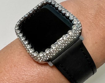 Apple Watch Band Womens Black Leather & or Apple Watch Case  Crystals Apple Watch Cover Iwatch Watch Candy Bling 38mm-45mm Series 9