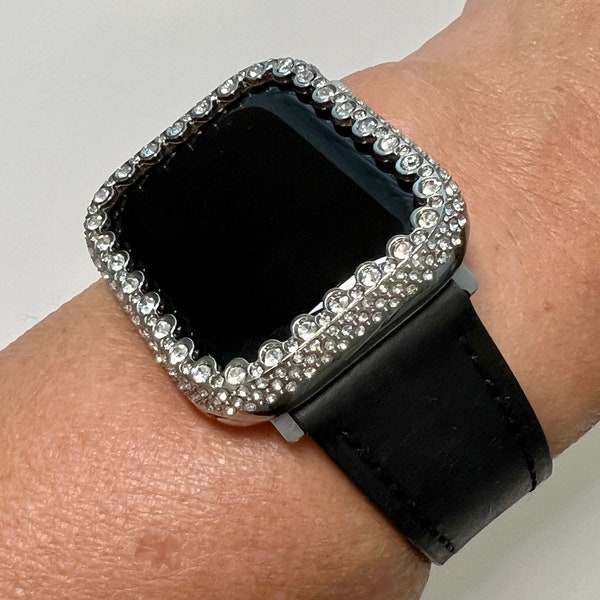 Apple Watch Band Womens Black Leather & or Apple Watch Case  Crystals Apple Watch Cover Iwatch Watch Candy Bling 38mm-45mm Series 9