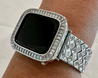 Series 2-9 Silver Apple Watch Band Swarovski Crystals 38 40 41 42 44 45mm & or Apple Watch Cover Baguette Lab Diamond Iwatch Candy Bling