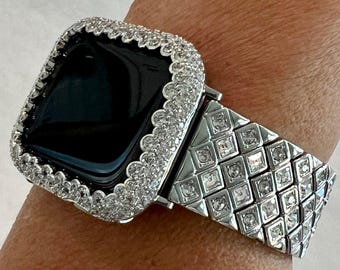 Designer Apple Watch Band Womens Silver Swarovski Crystals & or Custom Apple Watch Case Pave Lab Diamond Apple Watch Case Series 10 Bling