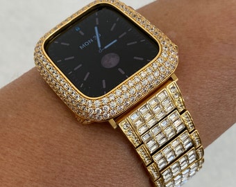 Gold Apple Watch Band 45mm Swarovski Crystal Baguettes & or Apple Watch Cover Lab Diamond Bezel Case Bling 38mm-49mm Ultra Iwatch Candy