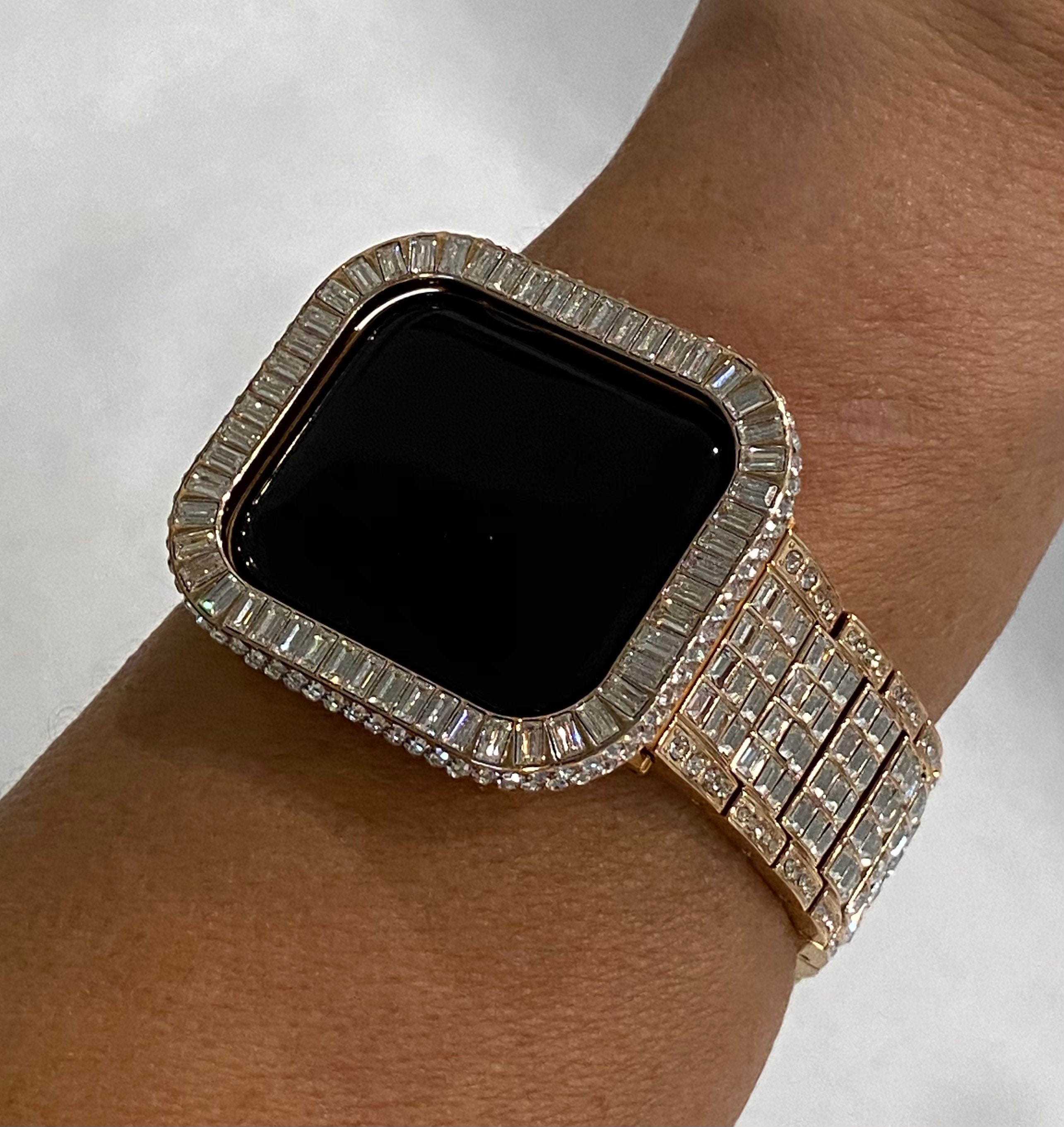 Custom Bling Apple Watch Band 38mm 40mm 42mm 44mm Rolex Style & or Lab Diamond Bezel Cover