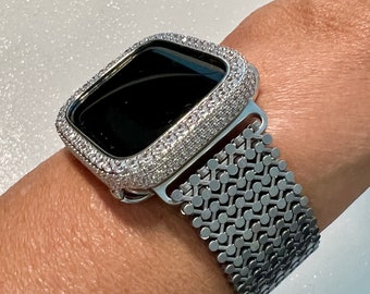 Stainless Steel Milanese Apple Watch Band Women, Silver Iphone Iwatch Band 38mm-49mm Ultra & Apple Watch Case Lab Diamond Bezel Iwatch Candy