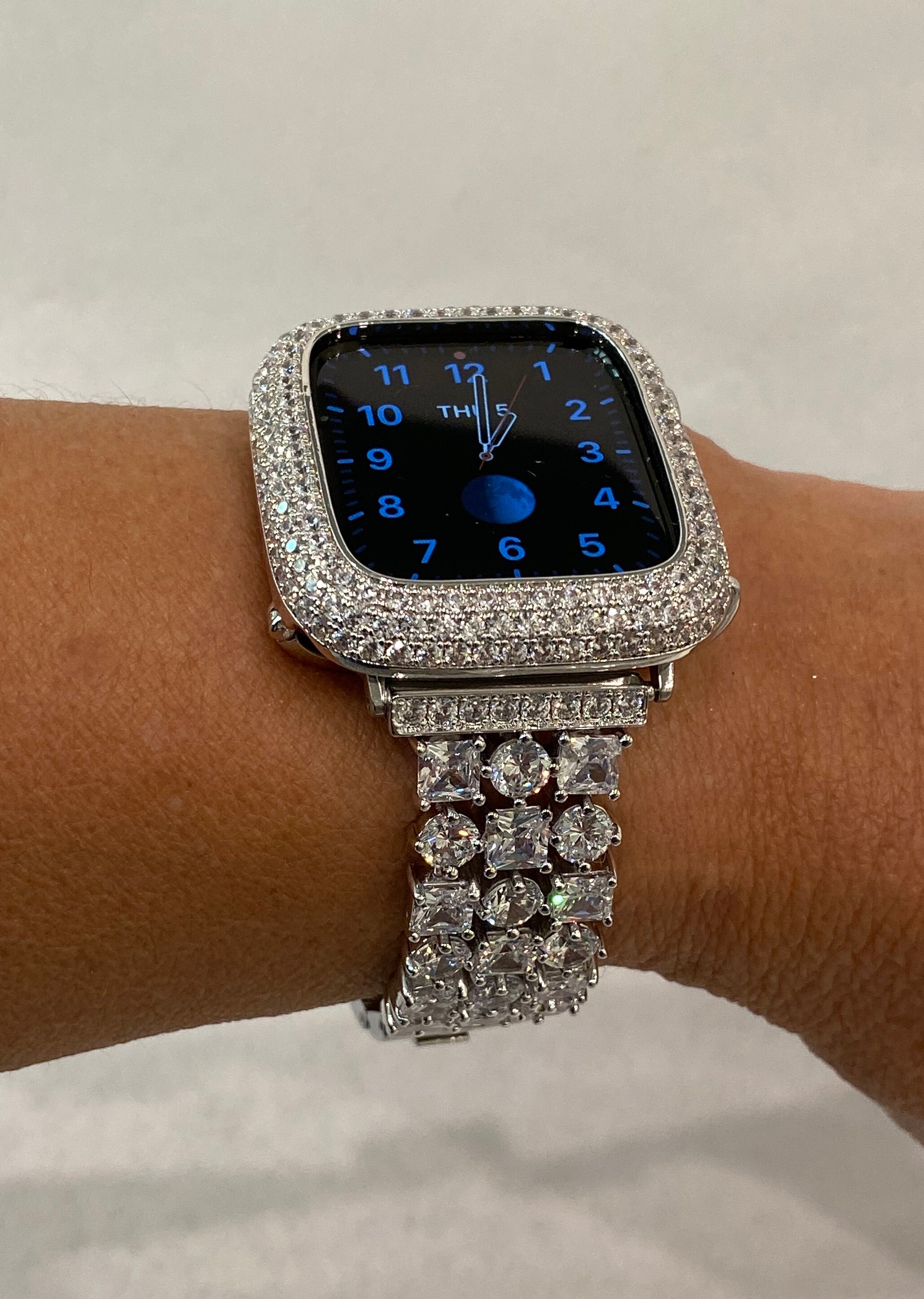 Custom Apple Watch Band Women Silver and or Apple Watch Cover Bezel Lab Diamond Bling 38mm 40mm