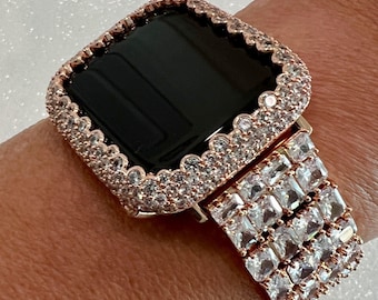 Statement Apple Watch Band Womens Rose Gold Swarovski Crystals & or Apple Watch Case Lab Diamond Bezel 38mm-49mm Ultra Iphone Watch Cover
