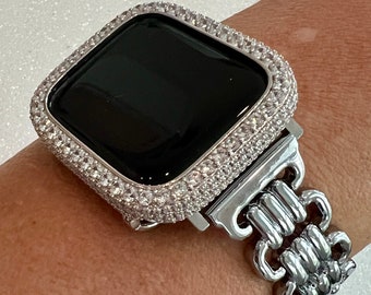 Silver Designer Apple Watch Band Link Bracelet Minimalist, Iphone Watch Band & or Apple Watch Case Lab Diamonds Bezel Iwatch Phone Cover