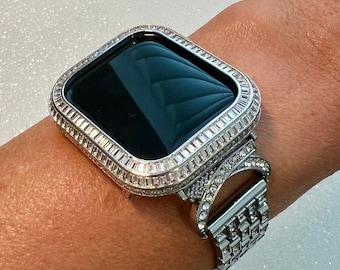 Designer Apple Watch Band Women 40mm 41mm 44mm 45mm Silver Crystal & or Apple Watch Case Lab Diamond Bezel Apple Watch Cover