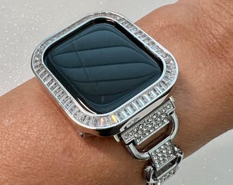 Apple Watch Band Women Silver Link Bracelet with Crystals & or Apple Watch Cover Baguettes Lab Diamond Iwatch Candy Bling 38-49mm
