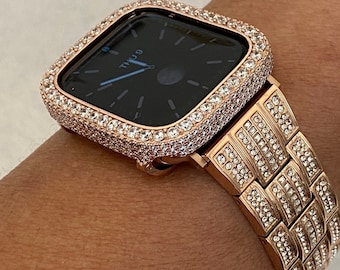 Rose Gold Apple Watch Band Stainless Steel Swarovski Crystals & or Apple Watch Case Lab Diamond Pave Bezel Cover 38mm-45mm Series 2-10