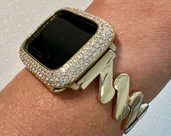 Designer Apple Watch Band Gold Women Minimalist, Iwatch Phone Bracelet & or Apple Watch Case Pave Lab Diamond Bezel Cover Bling Gift for Her