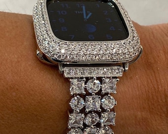 Designer Apple Watch Band 49mm Ultra Woman Silver Swarovski Crystal & or Apple Watch Cover Lab Diamond Bezel 38mm-49mm Bling Iwatch Candy