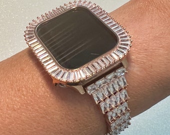 Custom Rose Gold Apple Watch Band Women 41mm 45mm & or Baguette Apple Watch Case Lab Diamond Bezel Iphone Watch Cover Iwatch Candy Bling