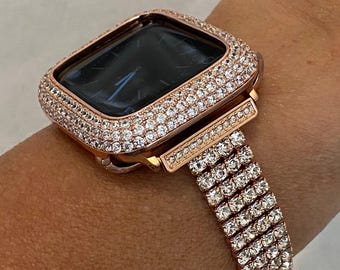 Rose Gold Apple Watch Band Womens Swarovski Crystal Iphone Watch Bracelet & or Apple Watch Case Lab Diamond Bezel Cover 38mm-49mm Ultra