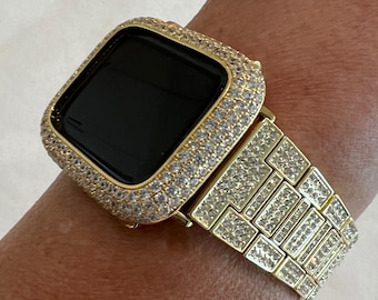 Apple Watch Band Yellow Gold 38mm-49mm Ultra Swarovski Crystal Apple Watch Straps & or Apple Watch Case Lab Diamond Bezel Iphone Watch Cover
