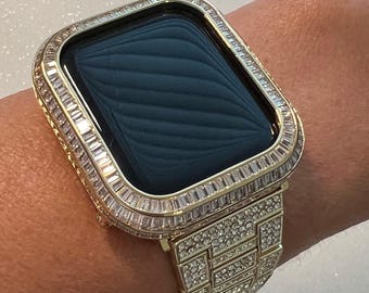 Luxury Apple Watch Band Yellow Gold Stainless Steel Swarovski Crystals & or Apple Watch Case Baguette Lab Diamond Bezel Cover Iwatch Candy