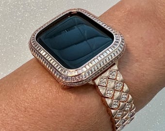 Luxury Rose Gold Apple Watch Band Womens Swarovski Crystal Bracelet & or Apple Watch Cover Lab Diamond Baguette Case Iwatch Candy Bling