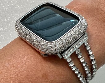 Apple Watch Band Womens 41mm 45mm Silver Swarovski Crystal & or Apple Watch Case Pave Lab Diamonds Iwatch Candy Bumper Bling 38-49mm Ultra