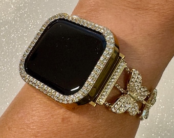 Butterfly Apple Watch Band Series 10 Woman Yellow Gold Swarovski Crystals & or Apple Watch Case Protective Iphone Watch Cover 38mm-49mm