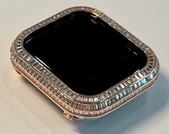 Series 7-8 Apple Watch Bezel Cover 40mm 44mm 3 Rows Lab Diamond Baguettes in 14k Rose Gold Plated Metal, Smartwatch Bumper