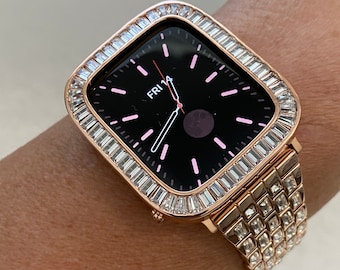 Apple Watch Band  Rose Gold Swarovski Crystal Baguettes 38 40 41 42 44 45mm & or Apple Watch Case Lab Diamond Bezel Iwatch Candy