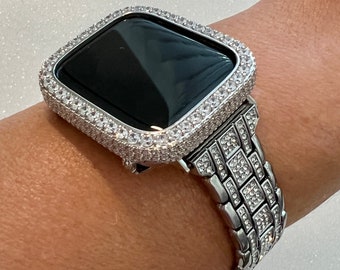 Designer Silver Apple Watch Band Women  Crystal Bracelet & or Apple Watch Cover Lab Diamond Bezel Case 38 40 41 42 44 45 49mm Ultra