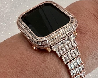 Apple Watch Band Women Designer Swarovski Crystal Baguette Rose Gold 40mm 41mm 44mm 45mm & or Apple Watch Cover Lab Diamond Bezel Bling