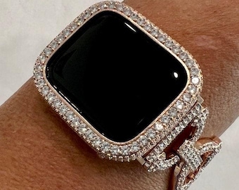 Designer Apple Watch Band 38mm-49mm Ultra Rose Gold Pave Swarovski Crystals & or Apple Watch Cover Lab Diamond Bezel Iwatch Case Series 10