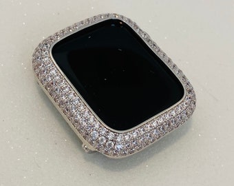Series 2-9 Silver Apple Watch Bezel Cover Women, Pave Lab Diamond Iwatch Case, Metal Lab Diamond Iwatch Bling 38mm-45mm S2-9