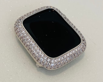 Series 2-9 Silver Apple Watch Bezel Cover Women, Pave Lab Diamond Iwatch Case, Metal Lab Diamond Iwatch Bling 38mm-45mm S2-9