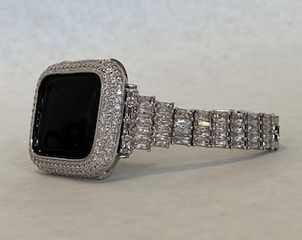 Bling Apple Watch Band Women Silver 41mm 45mm 49mm Ultra Swarovski Crystal & or Apple Watch Case Lab Diamond Bezel Cover Iwatch Candy