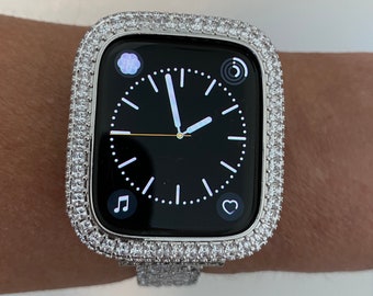 Apple Watch Cover Silver Metal Bezel 2.5mm Lab Diamonds, Apple Watch Case Protective Smartwatch Bumper Bling 40mm Series 4.5,6