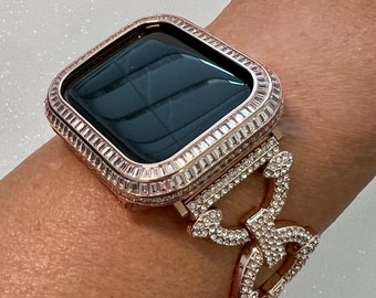 Custom Apple Watch Band Womens Rose Gold  Crystal & or Designer Apple Watch Cover Baguette Lab Diamond Bezel Case Iwatch Candy